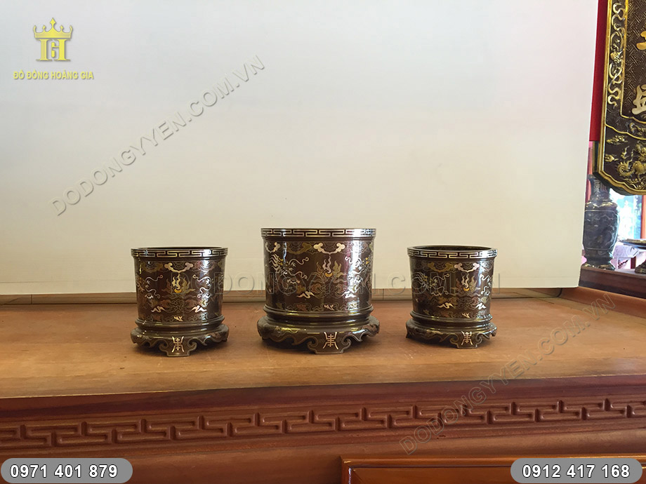 bộ ba b&aacute;t hương khảm v&agrave;ng bạc